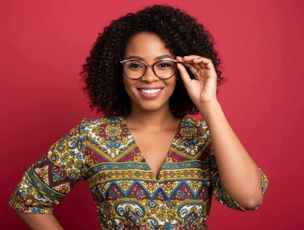 Model wearing a pair of modern eyeglasses